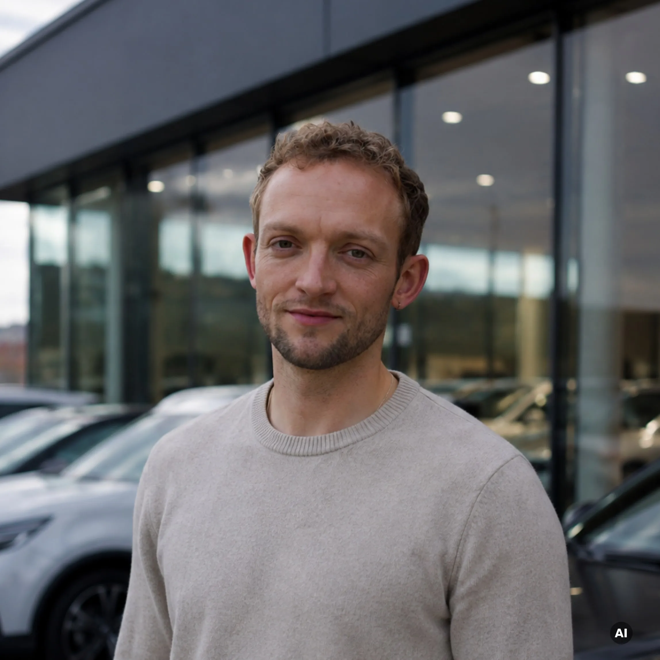 Lukas Gerisch vor einem Autohaus